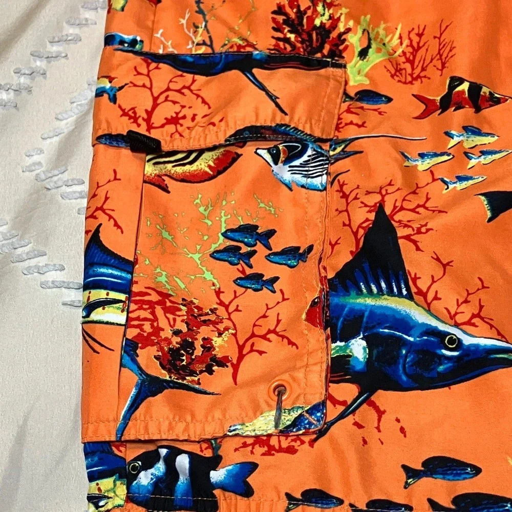 Island Shores Mens 5XL Swim Trunks Orange Tropical Fish Coral Cargo Pockets